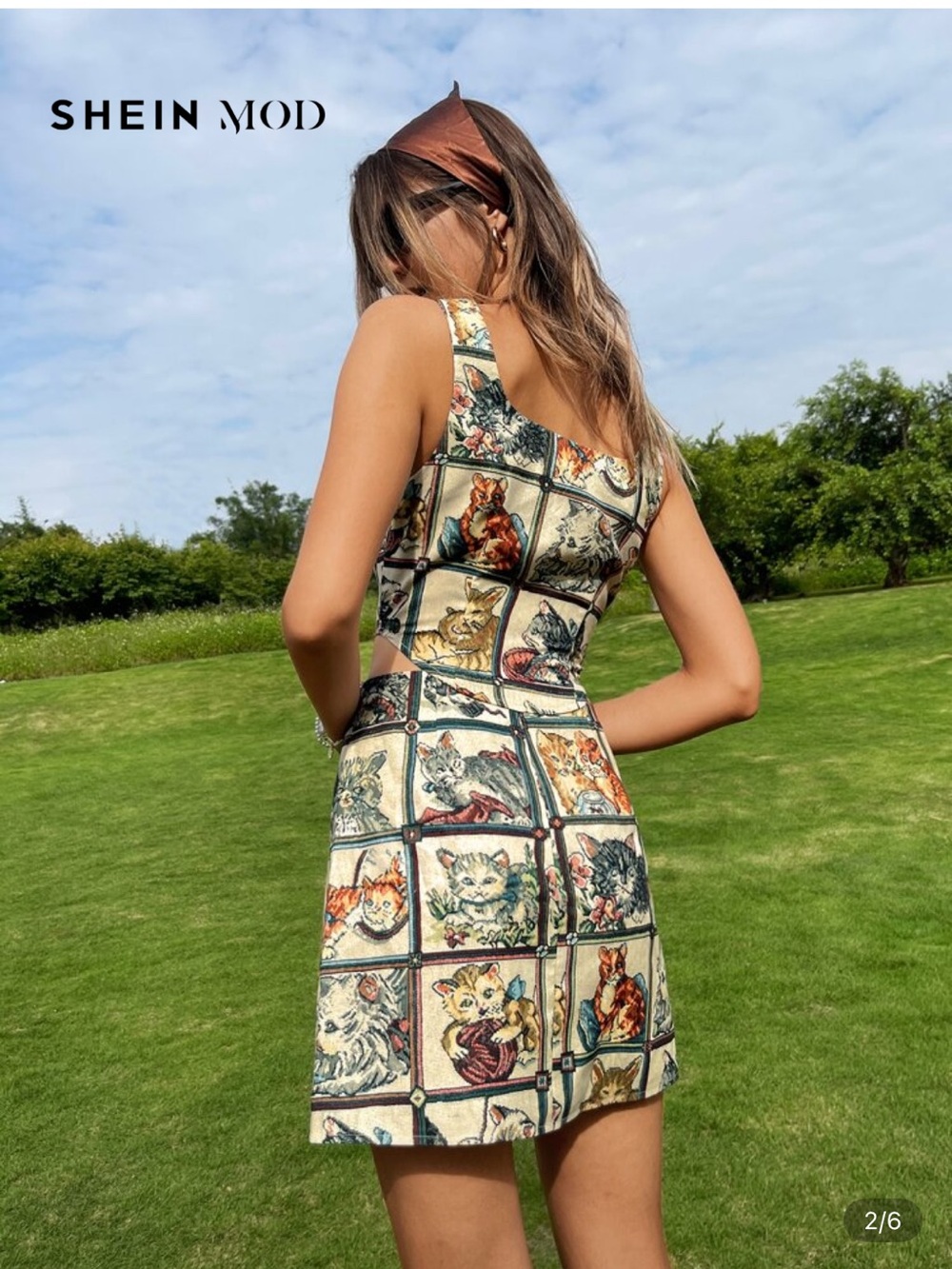 Cat Print Square Neck A-Line Dress in Cream and Multi - Picture 15 of 15